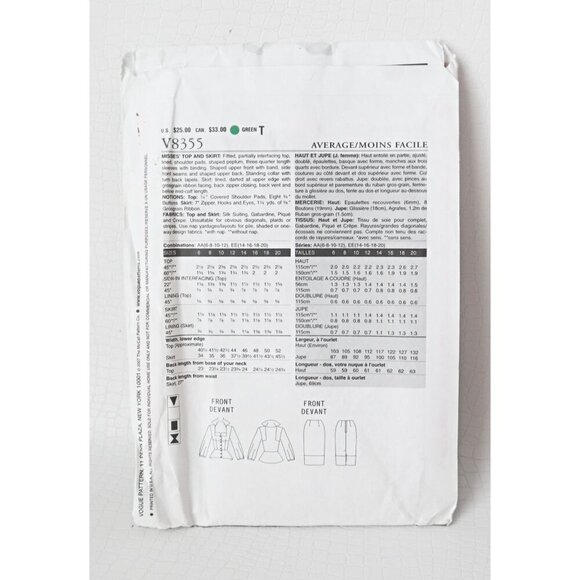 Vogue V8355 Sewing Pattern Peplum Top Straight Skirt Womens size 6 8 10 12 - Picture 2 of 5